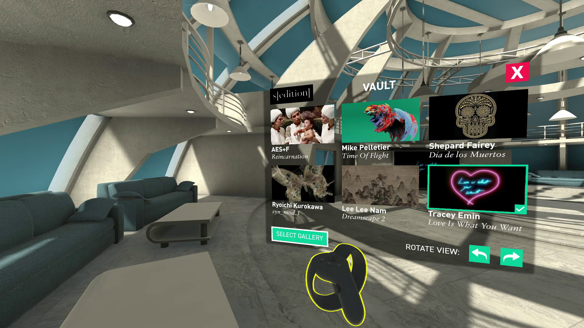 Screenshot from Sedition VR showroom environment showing navigation UI